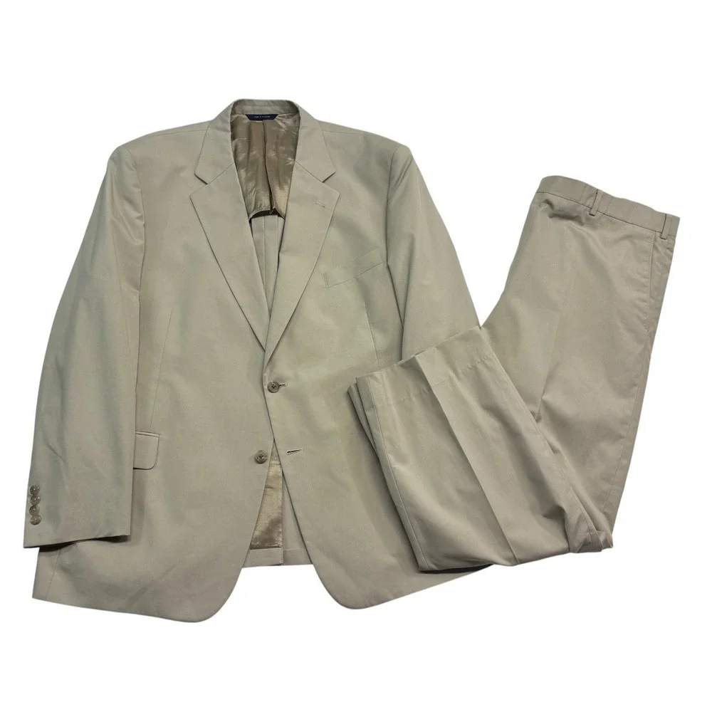 Brooks Brothers Brookspoplin 48R 43x39 Tan Cotton 2pc Pant Suit Flat Front Mens